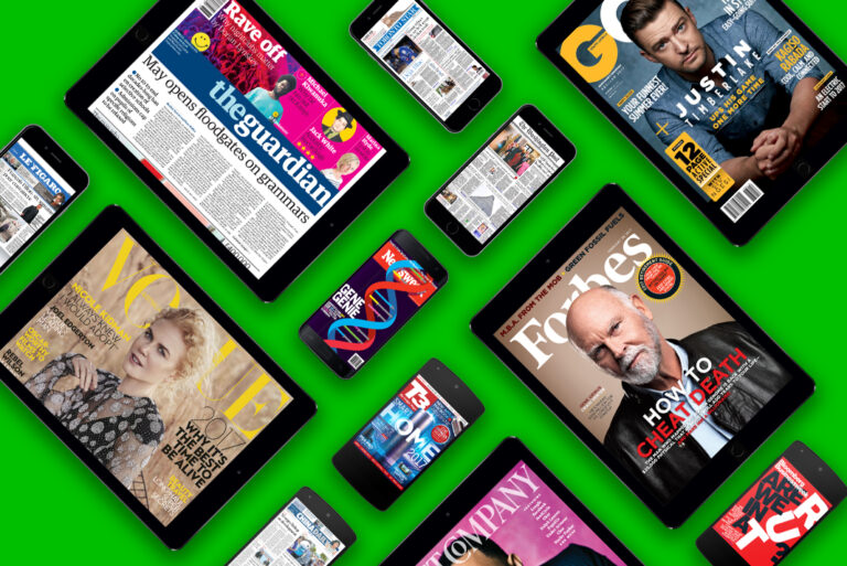 a variety of mobile devices displaying online magazines