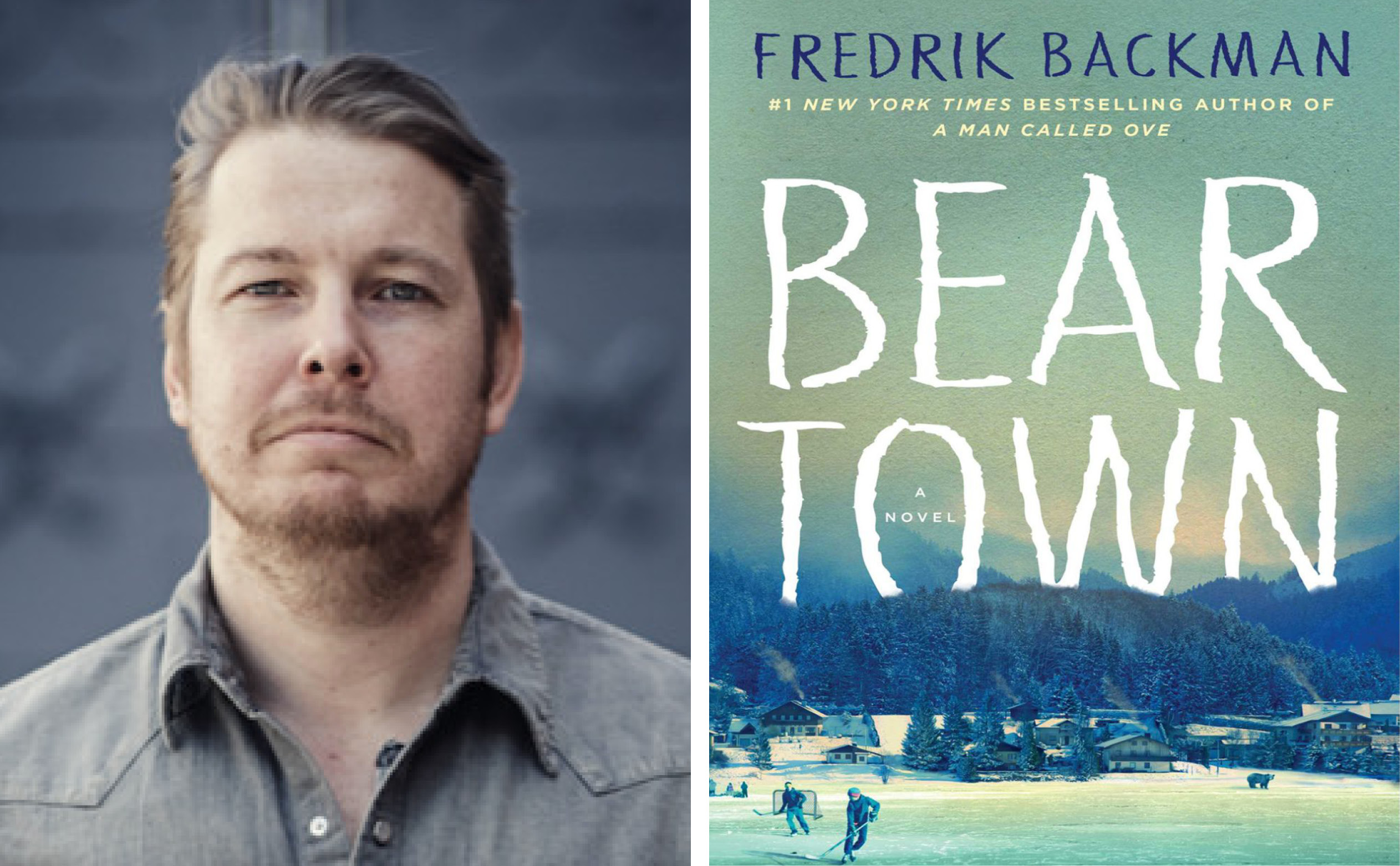 A headshot of Fredrik Backman beside a copy of his book Bear Town