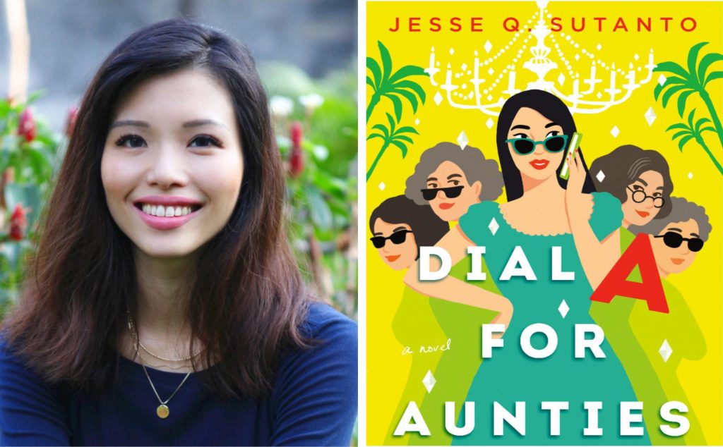 a headshot of author Jesse Q. sutanto next to the cover of her book Dial A for Aunties
