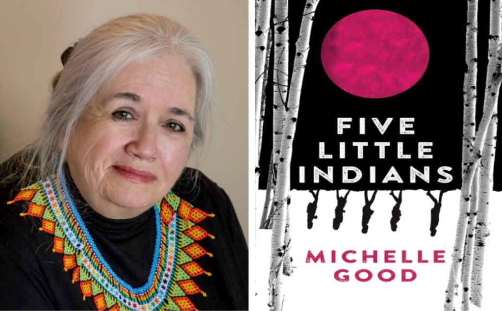 a headshot of author Michelle Good's headshot next to the cover of her book, Five Little Indians