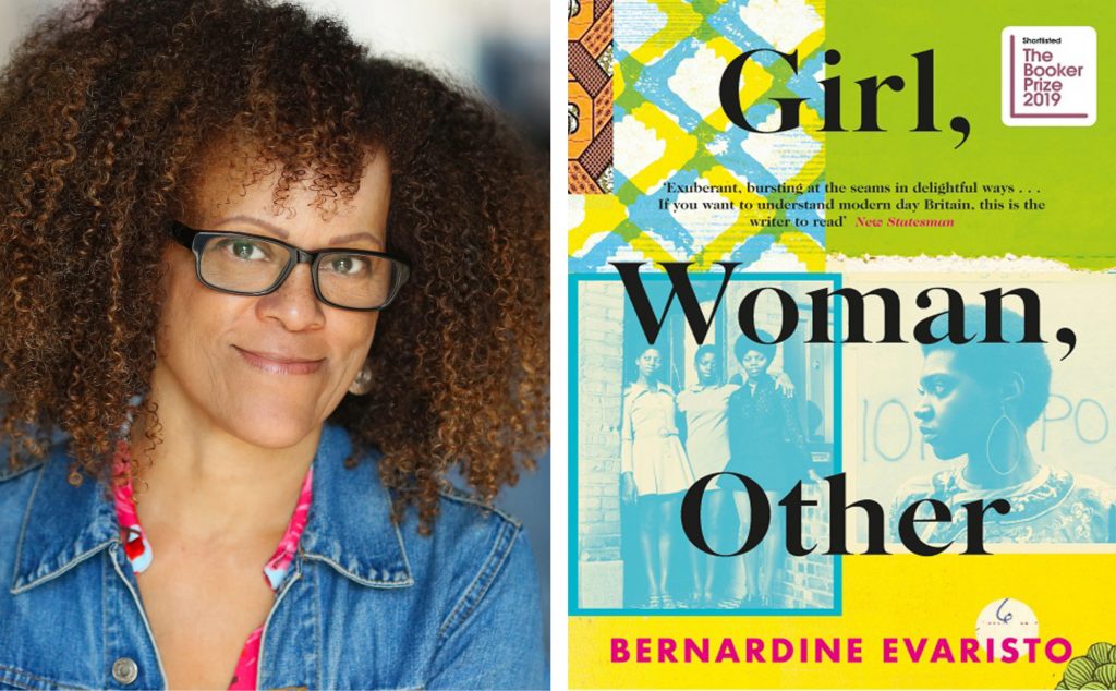 a headshot of author Bernardine Evaristo next to the cover of her book, Girl, Woman, Other