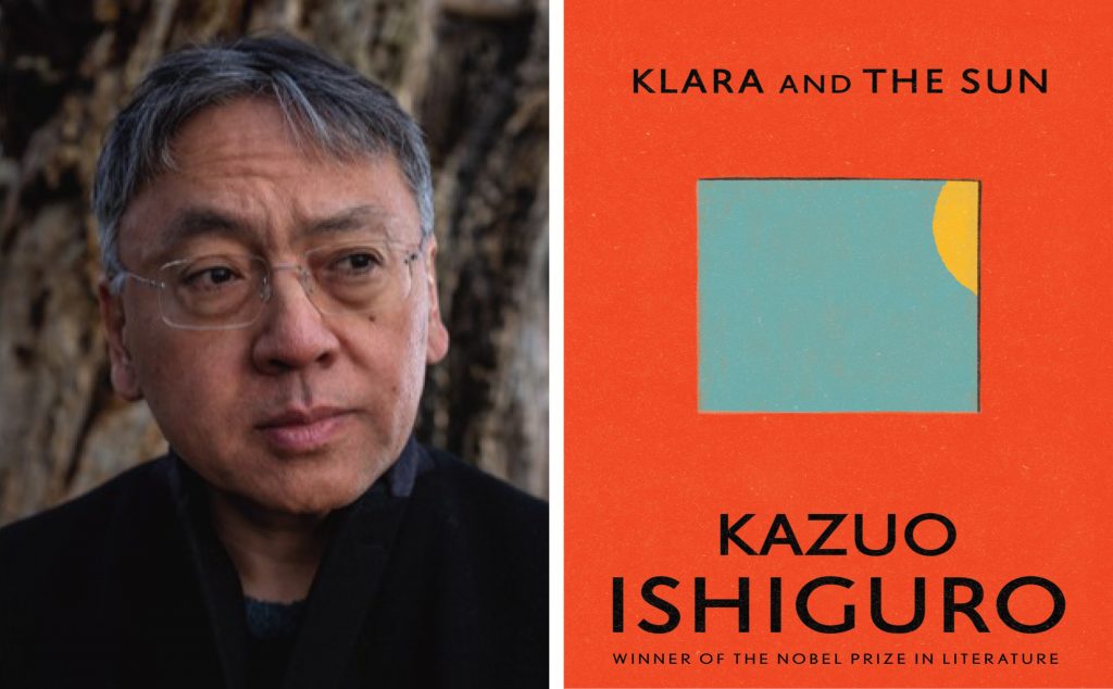 a headshot of author Kazuo Ishiguro next to the cover of his book Klara and the Sun