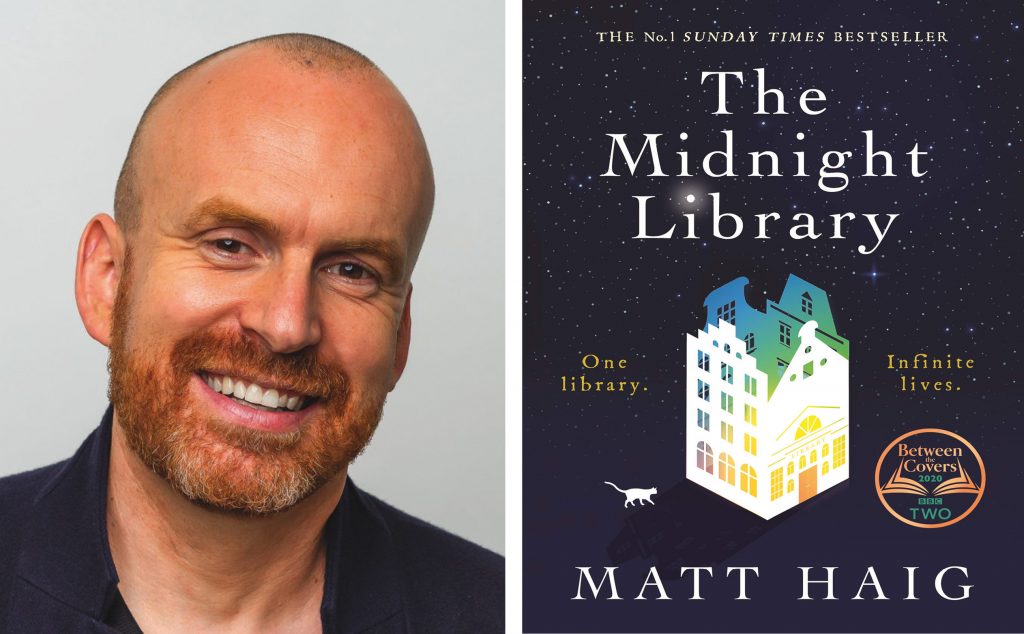 a headshot of author Matt Haig next to the cover of his book, The Midnight Library