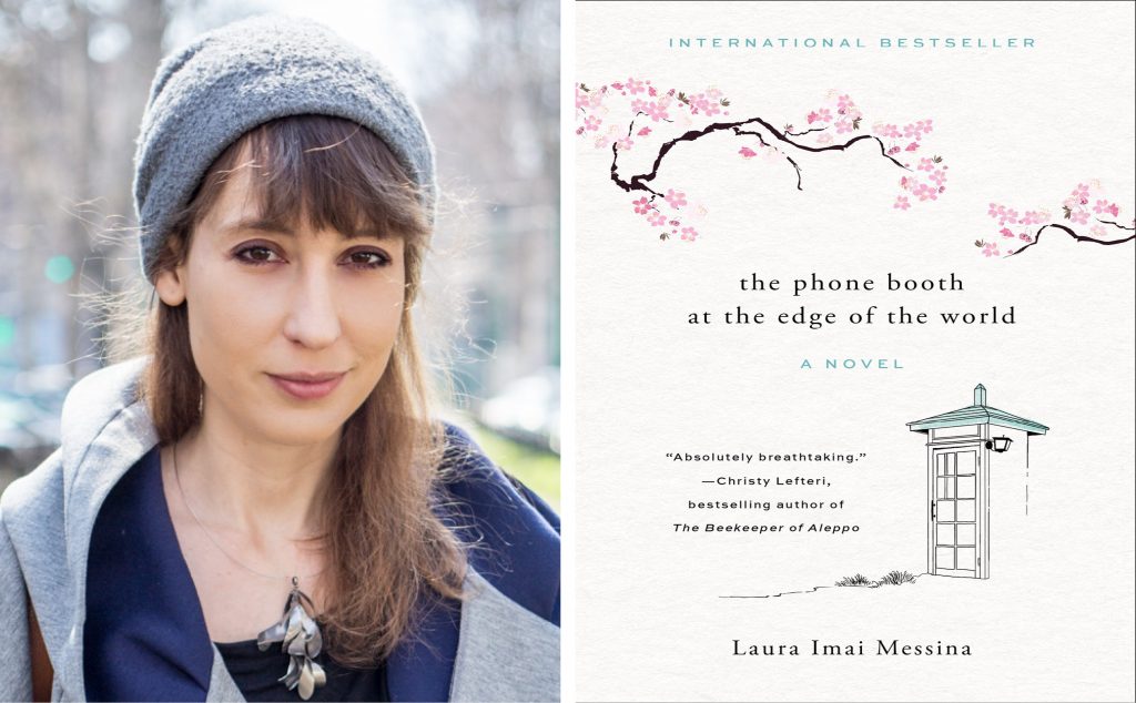 a headshot of author Laura Imai Messina next to the cover of her book, The Phone Booth at the Edge of the World