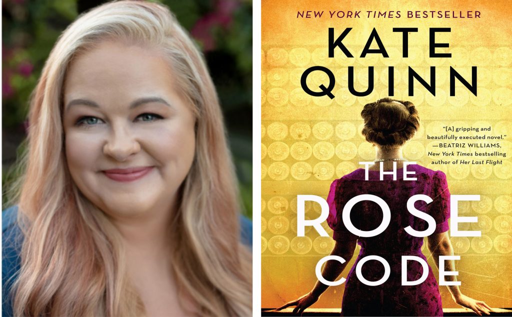 a headshot of author Kate Quinn next to the cover of her book The Rose Code