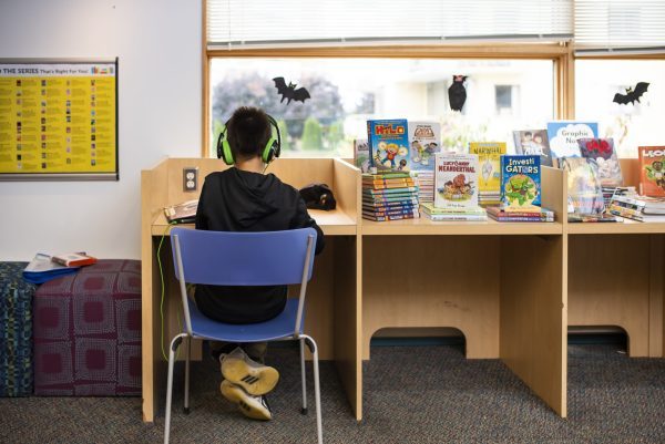 Group seating and study space for kids and families in the Youth Department