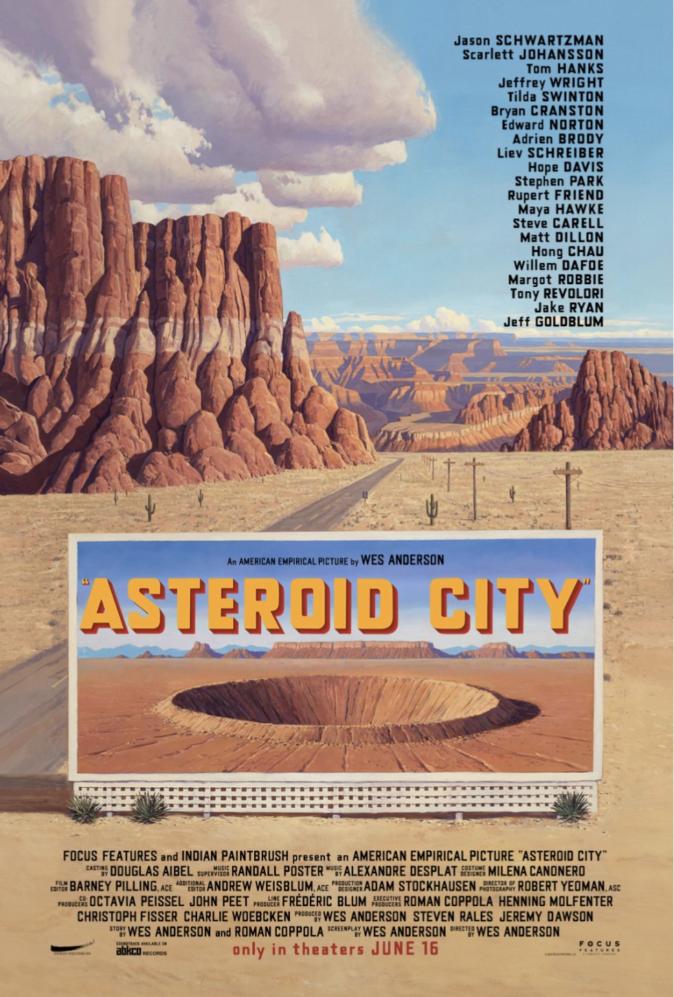 A stylized drawing of desert road winds it was through rock formations. The movie title Asteroid CIty is centre with a image of a crater below it.