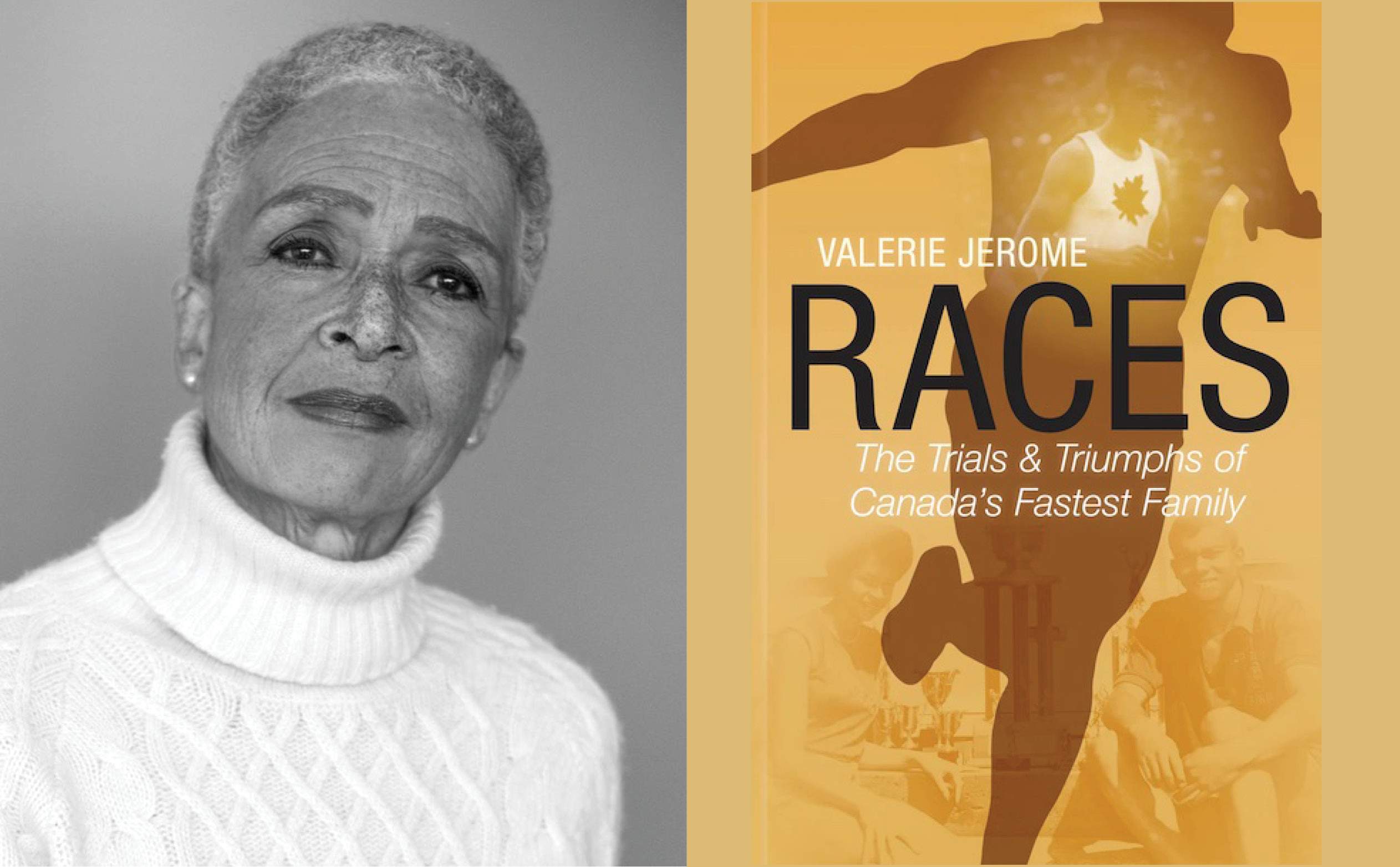 Black and white photo of black author Valerie in a white turtleneck next to the cover of her book "Races" which is a sepia photo of her brother running with the title across the middle.