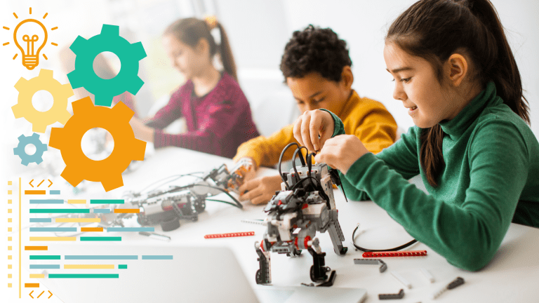 Four children building toy robots while seated at a table.