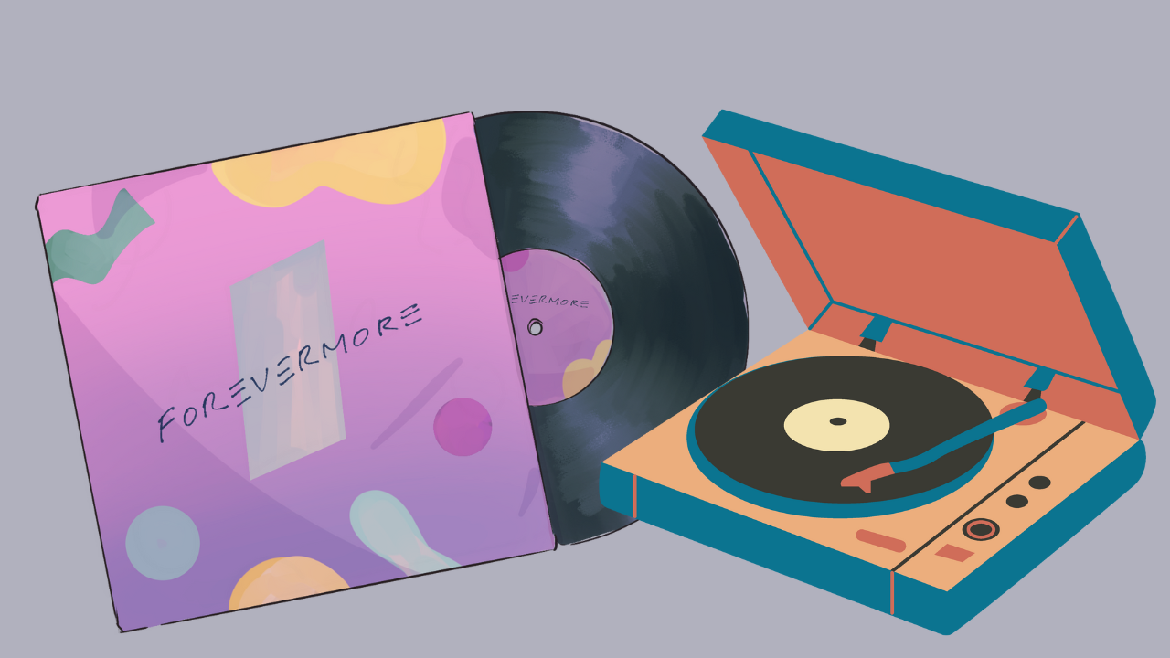 Album with vinyl records and record player