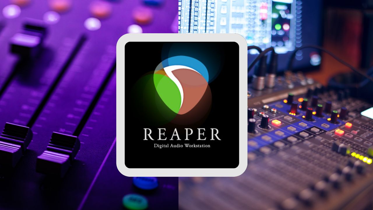 Reaper Logo over mixing consoles with purple, moody lighting.