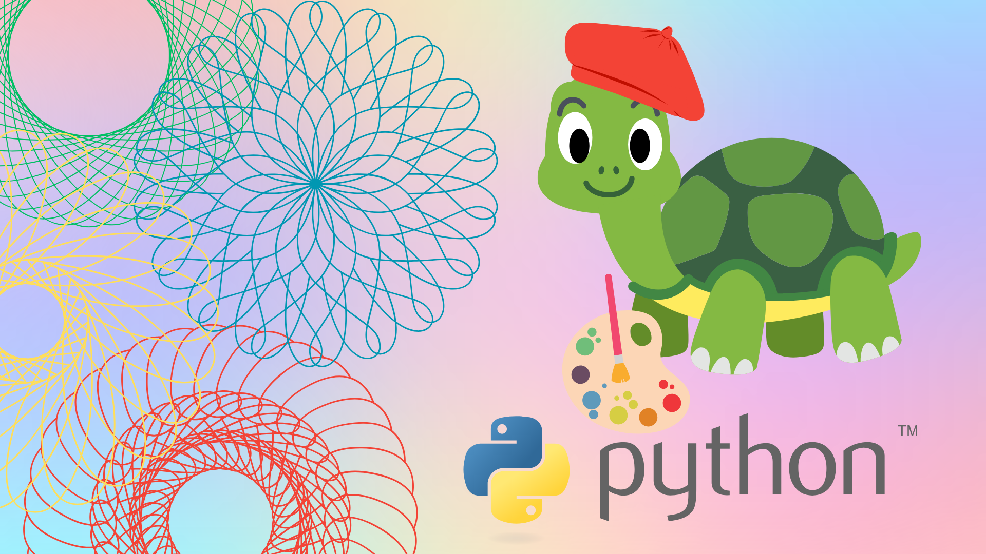 Spirograph art on the left next to a cartoon image of a turtle in an artist's beret holding a paint pallette. The logo for Python coding is also included.