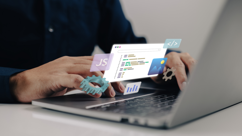 Hands typing on a laptop; images floating above the keyboard indicate that the typist is coding.