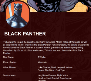 Fan-made profile page for the superhero "Black Panther." A brief description of Black Panther, including real name, place of origin, and other aliases is featured below a profile icon of the hero.