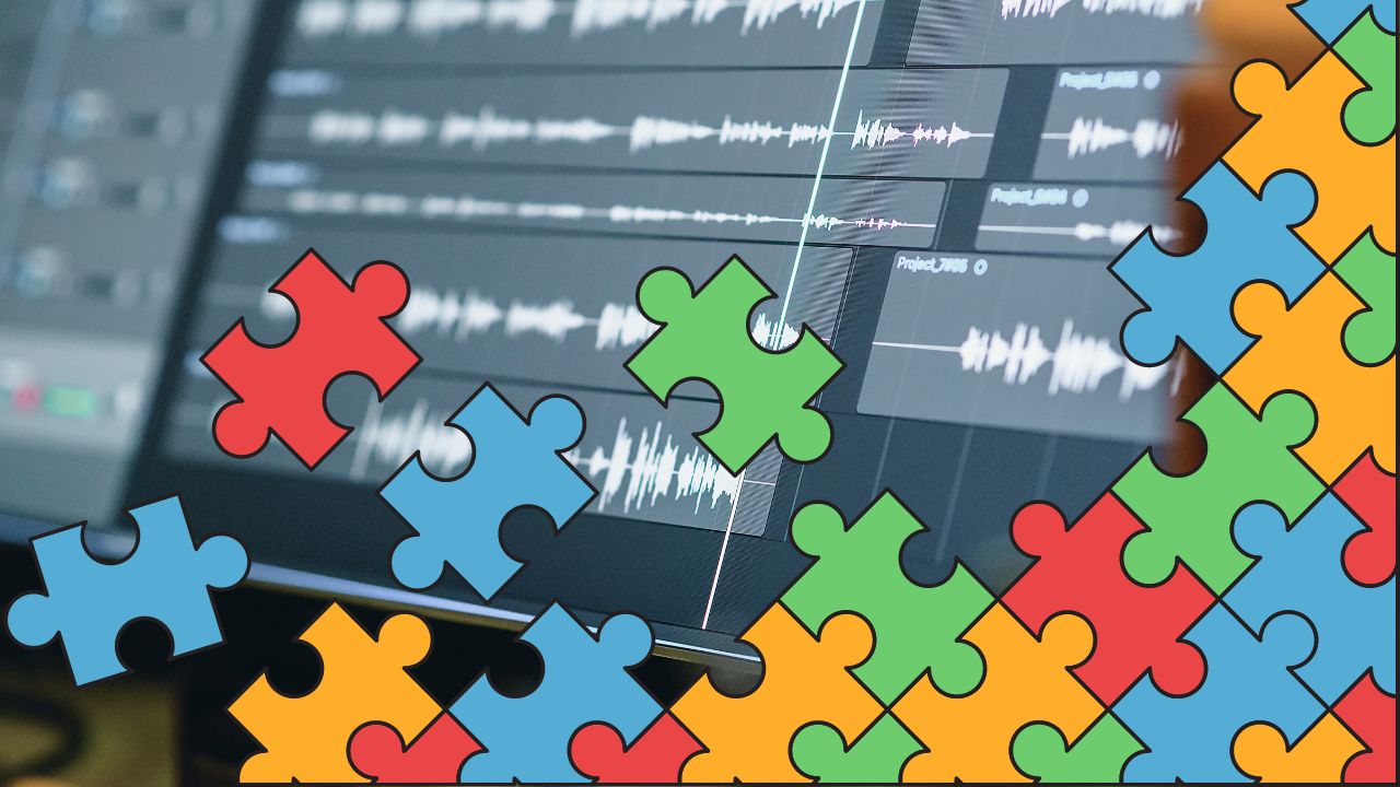 Audio software on a computer screen with puzzle pieces overlayed.