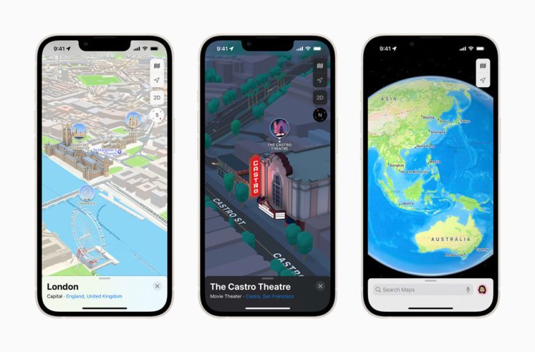 Three iPhones display Apple Maps user interface.