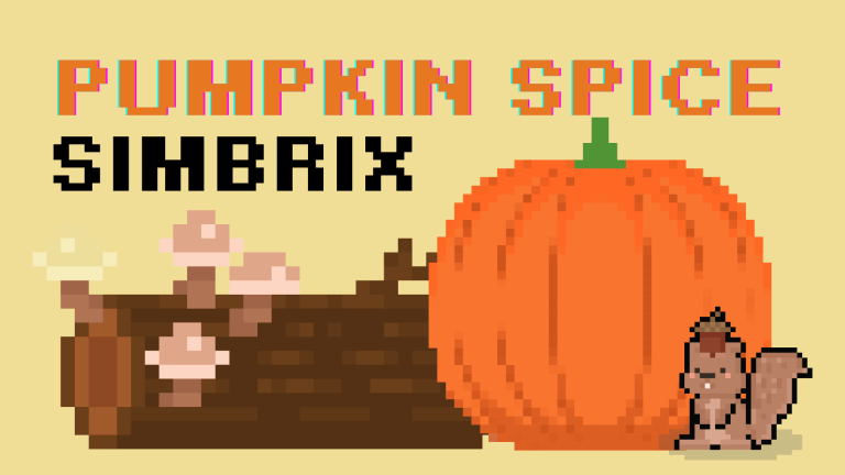 A pixelated image of mushrooms on a log, a pumpkin, and a squirrel, with the text "Pumpkin Spice Simbrix."