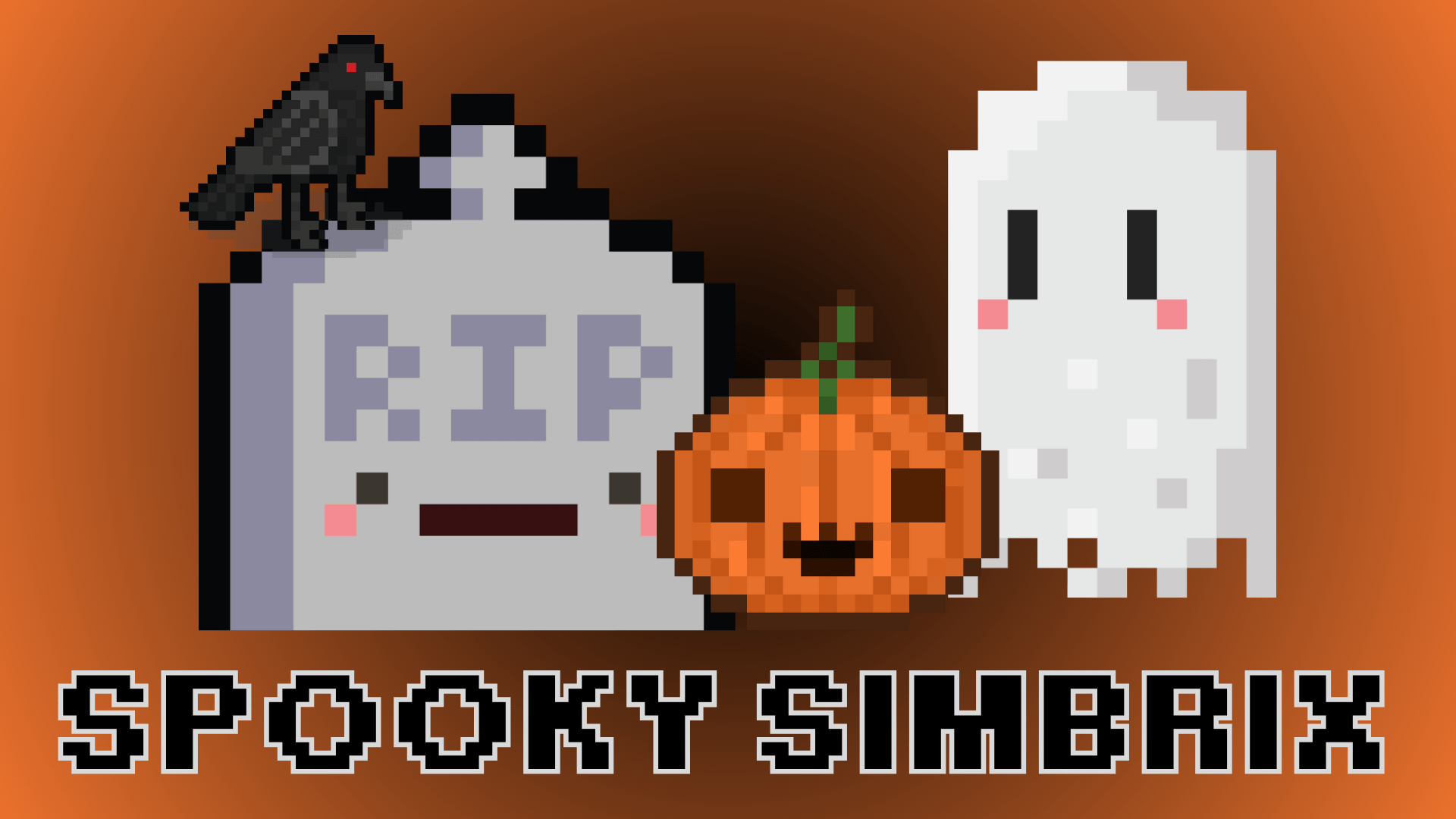 A gravestone, jack o'lantern, and ghost depicted in pixel art style with the text "Spooky Simbrix."