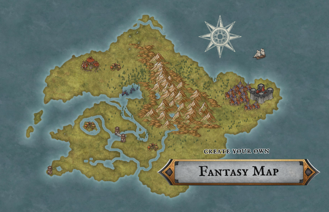 A fantasy map with a stylized label reading "Create your own Fantasy Map"