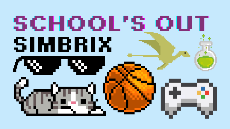 Pixelated text reads "School's Out Simbrix" above pixel art images of sunglasses, a cat, a basketball, a dragon, a potion, and a video game controller.