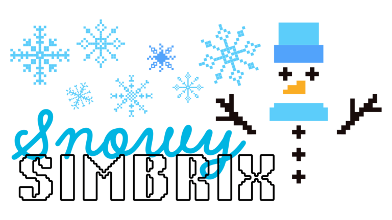 The words "Snowy Simbrix" appear alongside a pixel-art snowman. Pixel-art snowflakes fill the background.