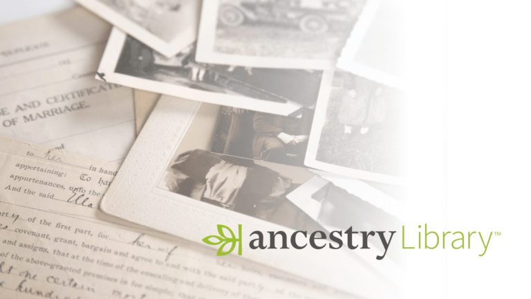 Old documents and black and white photos scattered around. Text logo reads "ancestry library" with a decorative green leaf.