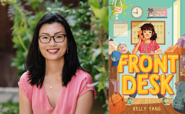 author Kelly Yang next to her book Front Desk