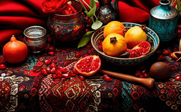 A table set for Yalda with pomegranates, persimmons and nuts