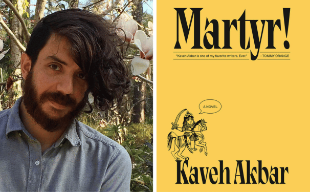 A headshot of author Kaveh Akbar next to the yellow cover of his book, Martyr!