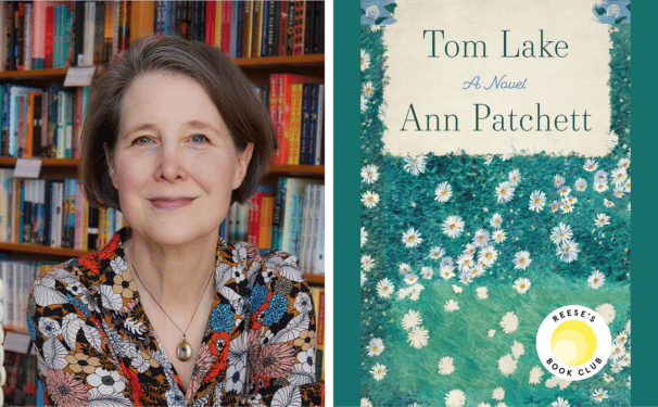 A headshot of author Ann Patchett next to the blue-green floral cover of her book called Tom Lake.