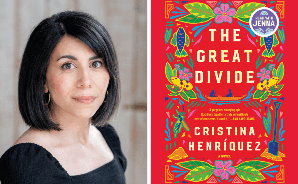 Author Cristina Henriquez next to the red and colourful cover of her book The Great Divide.