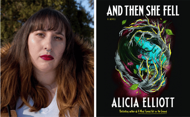 Headshot of author Alicia Elliott next to the dark, moody cover of her book And Then She Fell.