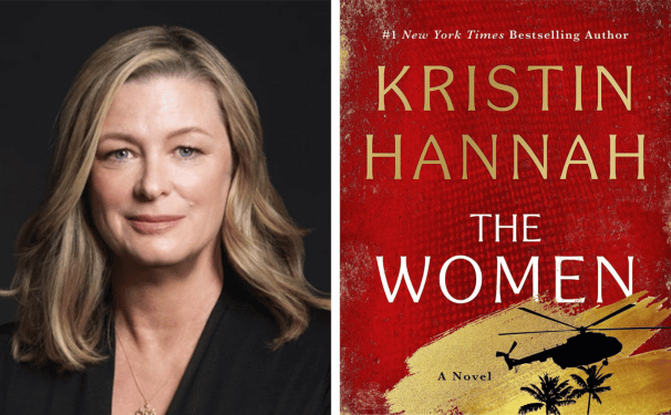 Headshot of author Kristin Hannah next to the red and gold cover of her book called The Women.