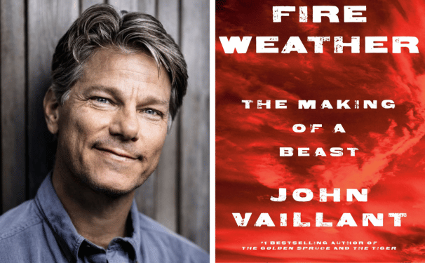 A headshot of author John Vaillant next to the red jacket of his book called Fire Weather.