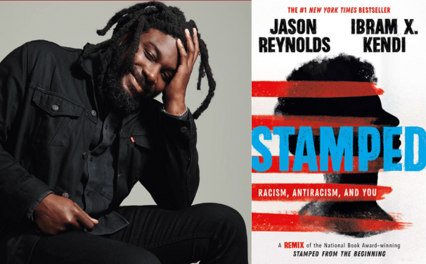 Author Jason Reynolds next to the cover of his book called Stamped