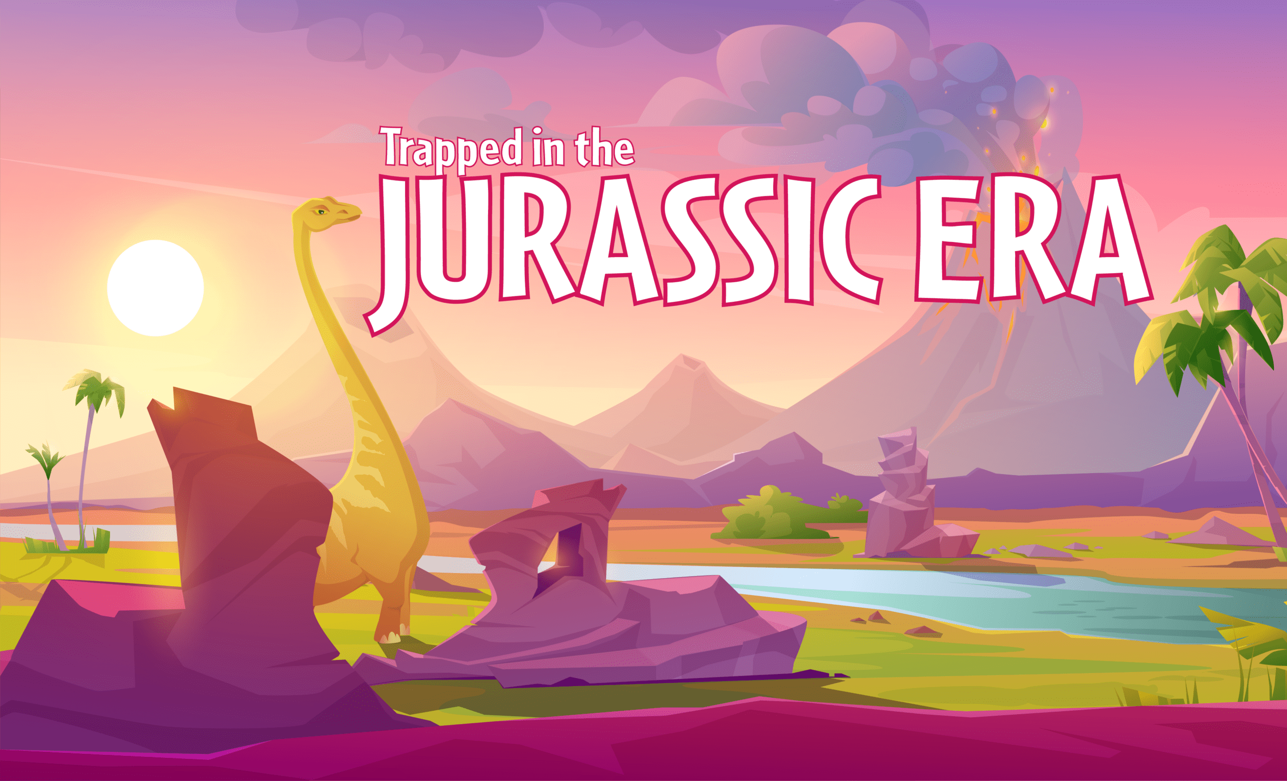 Illustration of dinosaurs. Text reads "Trapped in the Jurassic Era."