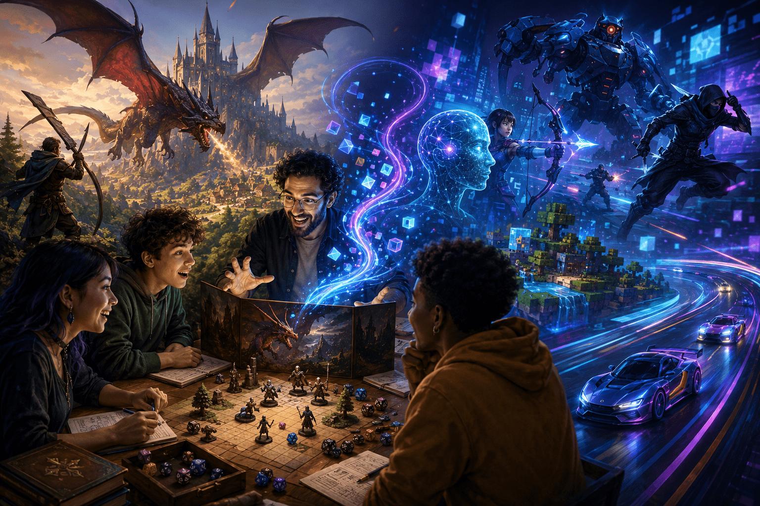 A group of four people play a roleplaying game. There are two backgrounds: one with a reddish dragon and the other a futuristic minecraft-style cityscape.
