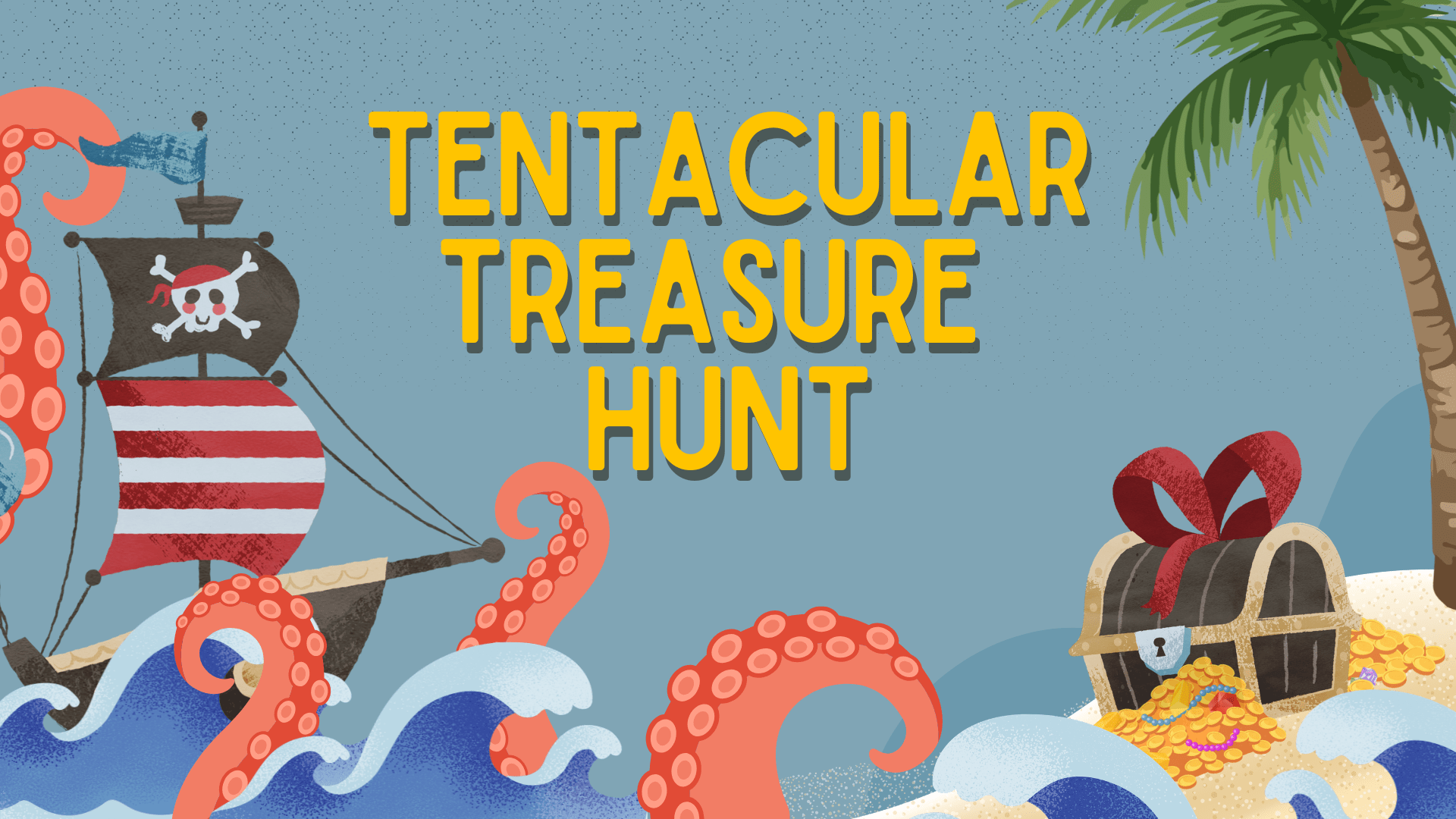 Tentacles rise up from the ocean, reaching towards a treasure chest.