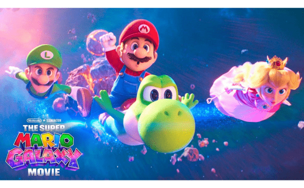Movie poster featuring Mario and friends soaring through space.
