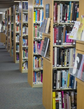 a photo of the tall nonfiction shelves at the Library